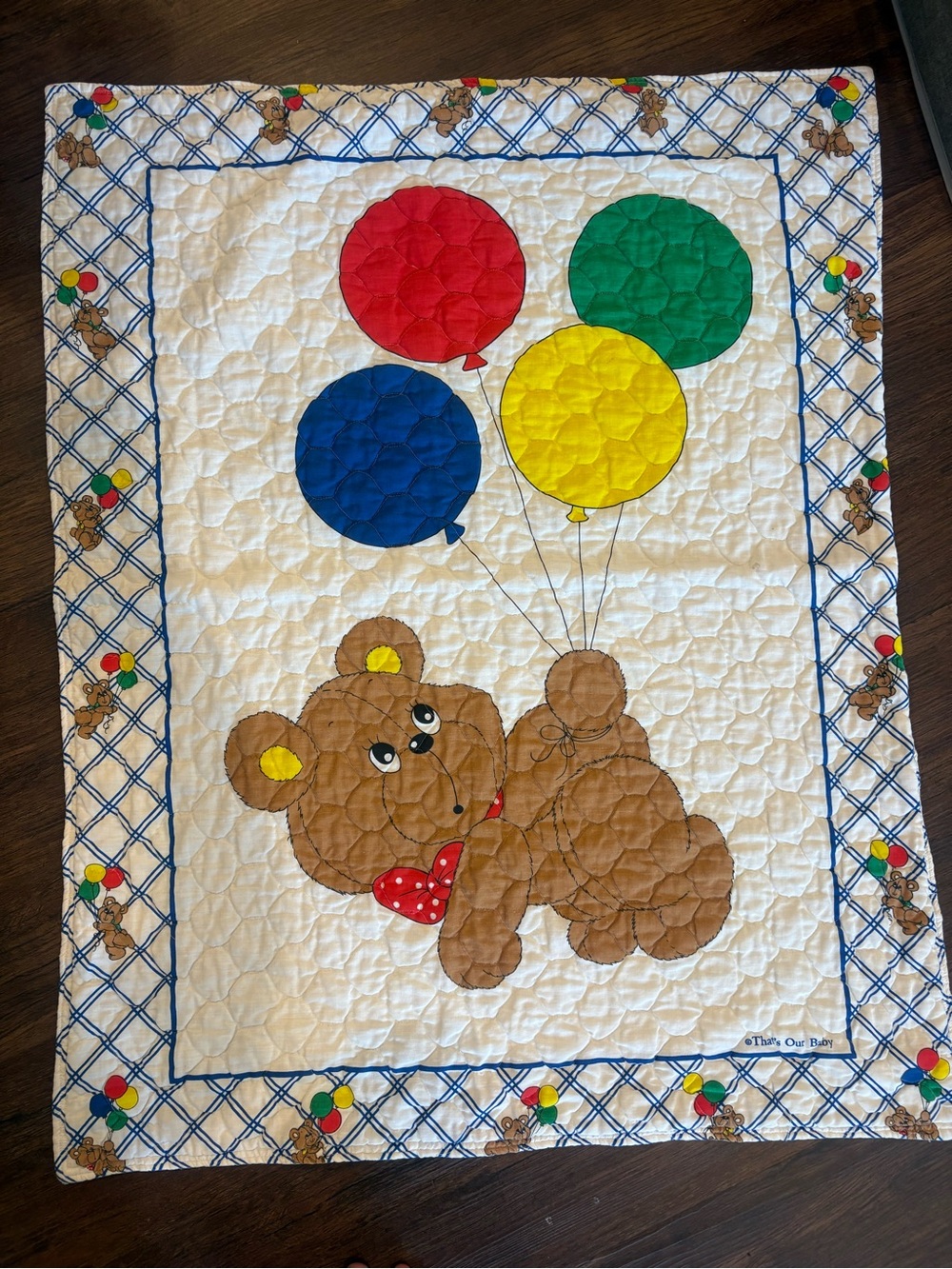 Vintage That’s Our Baby Bear Balloon Quilted Nursery Blanket